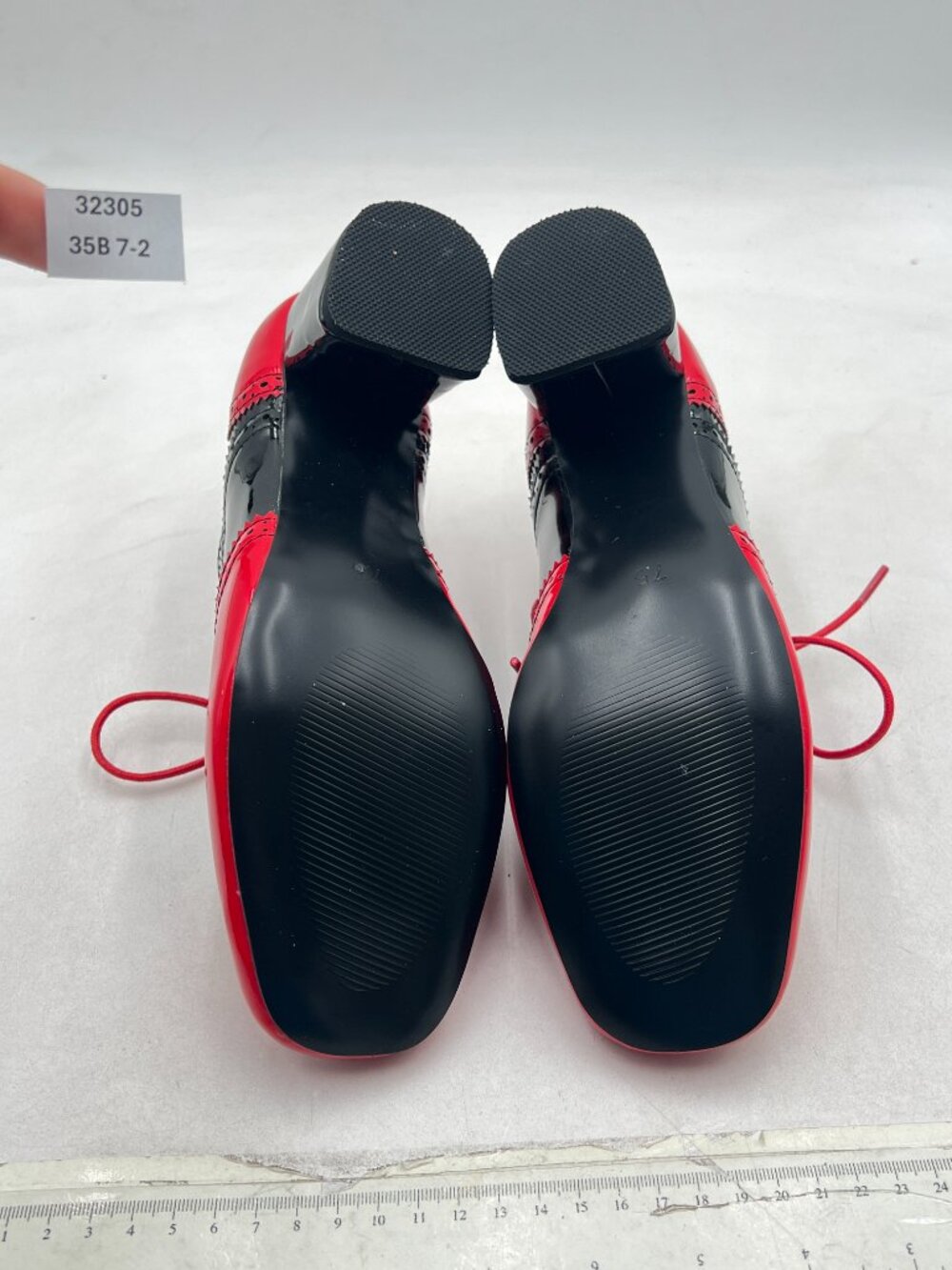 Black/Red Women's Oxford Shoes Round Toe Lace-up Wingtip Chunky Heel Pumps - Picture 6 of 7